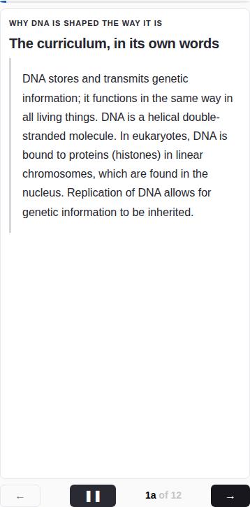 The lesson player, part-way through "DNA structure and replication"